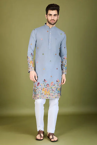 Sky Color Thread with Embroidered Cotton Gents Kurta