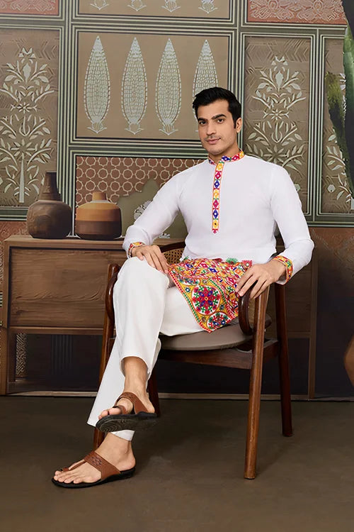 Stylish White Cotton Readymade Men’s Navratri Kurta