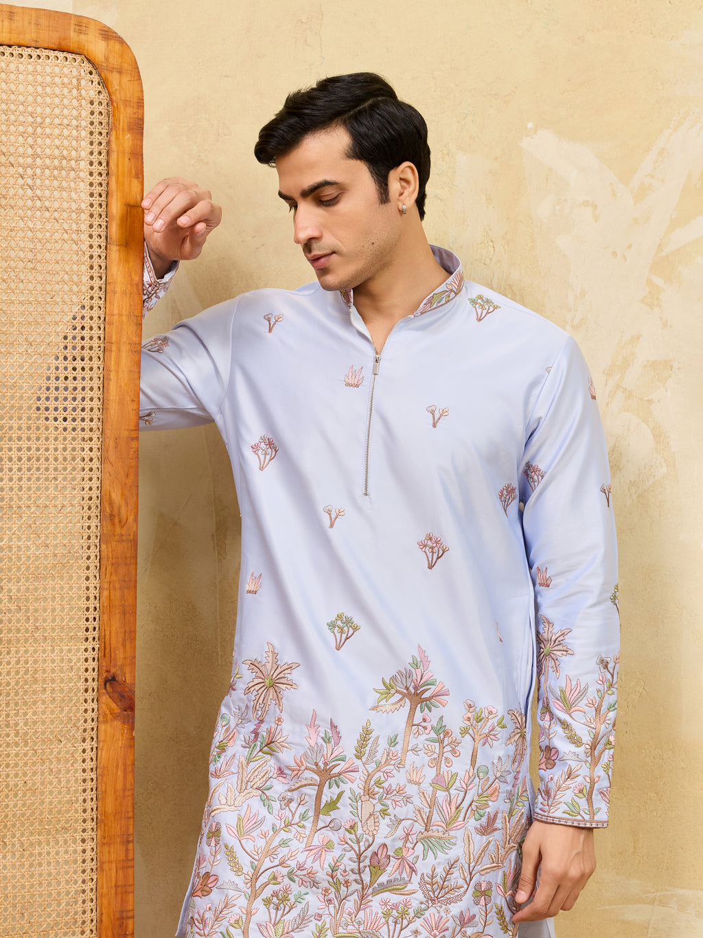 Stylish Blue Viscose Silk Embroidered Kurta Pant Set for Men

