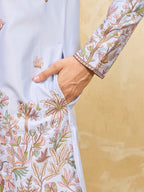Stylish Blue Viscose Silk Embroidered Kurta Pant Set for Men
