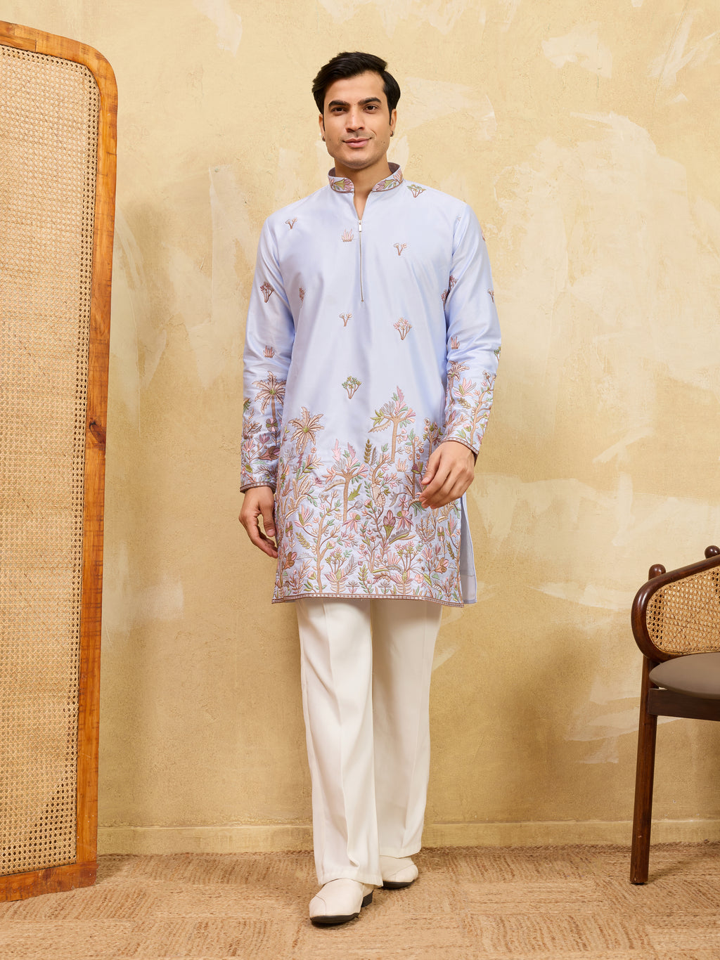 Stylish Blue Viscose Silk Embroidered Kurta Pant Set for Men
