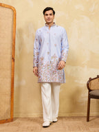 Stylish Blue Viscose Silk Embroidered Kurta Pant Set for Men
