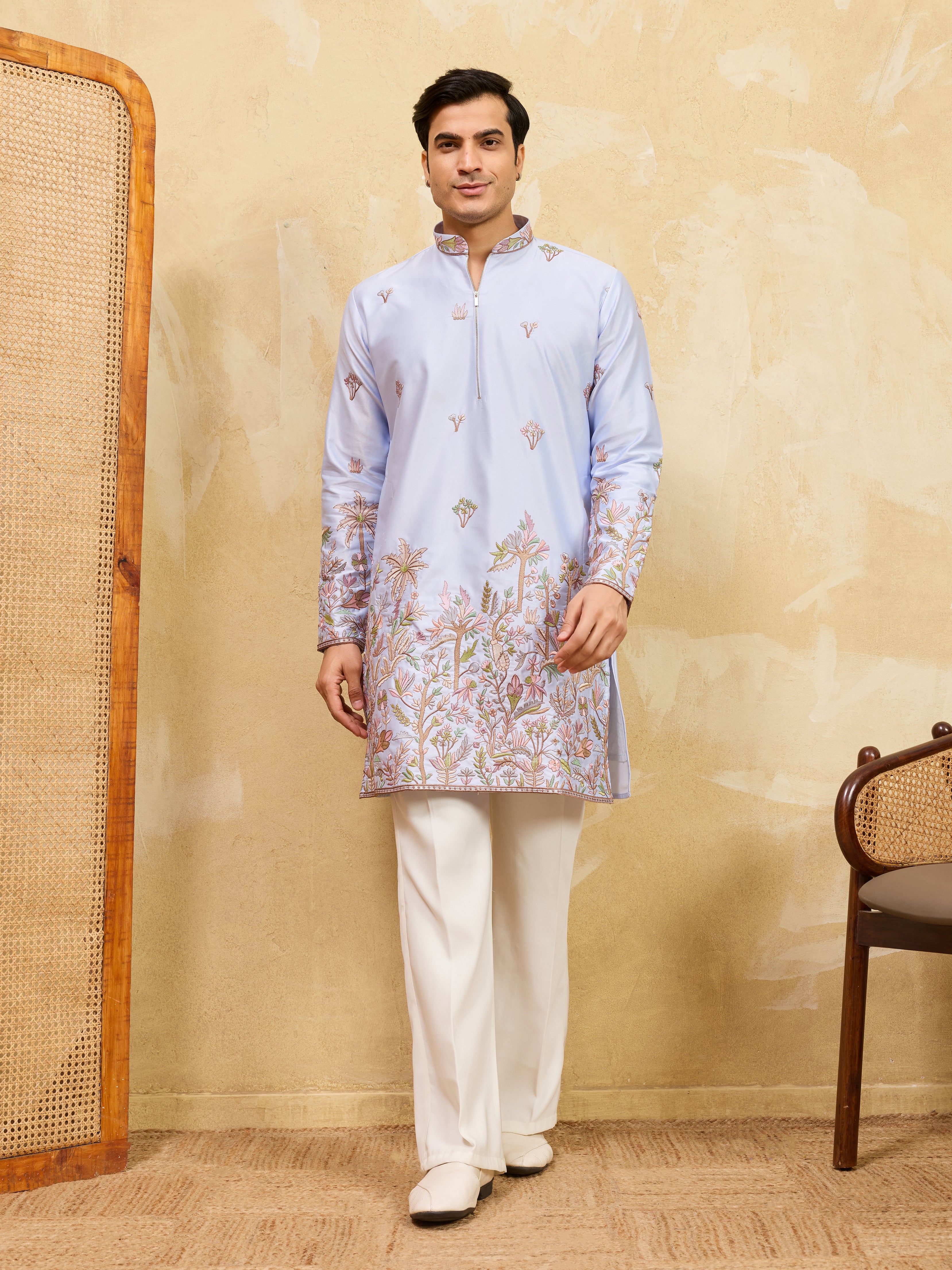 Stylish Blue Viscose Silk Embroidered Kurta Pant Set for Men
