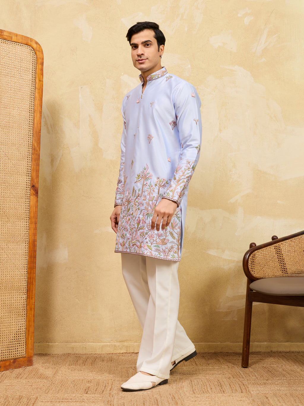 Stylish Blue Viscose Silk Embroidered Kurta Pant Set for Men
