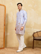 Stylish Blue Viscose Silk Embroidered Kurta Pant Set for Men
