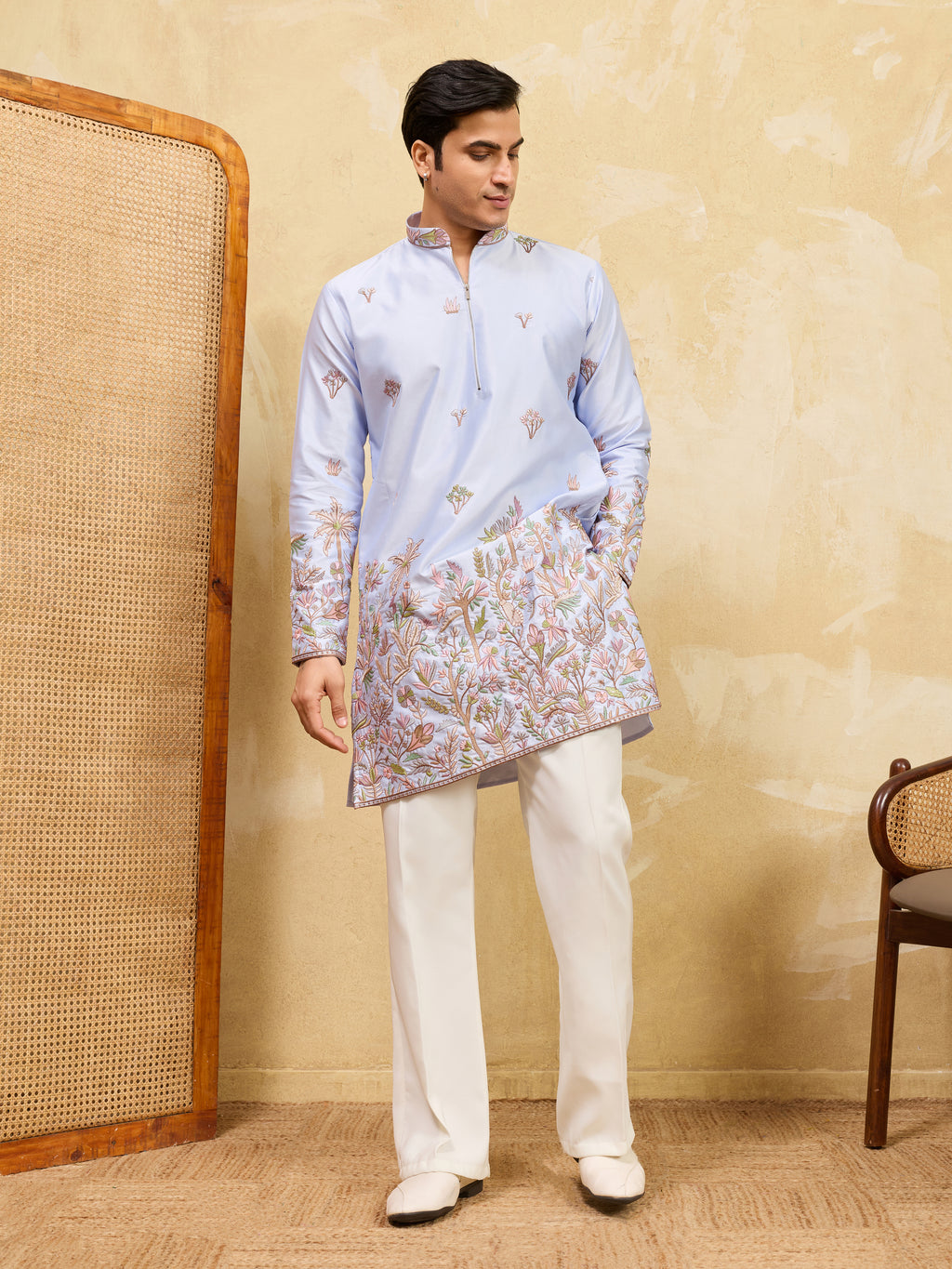 Stylish Blue Viscose Silk Embroidered Kurta Pant Set for Men
