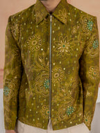Stylish Green Khadi Silk Mirror Detailing Bomber Jacket and Bottom

