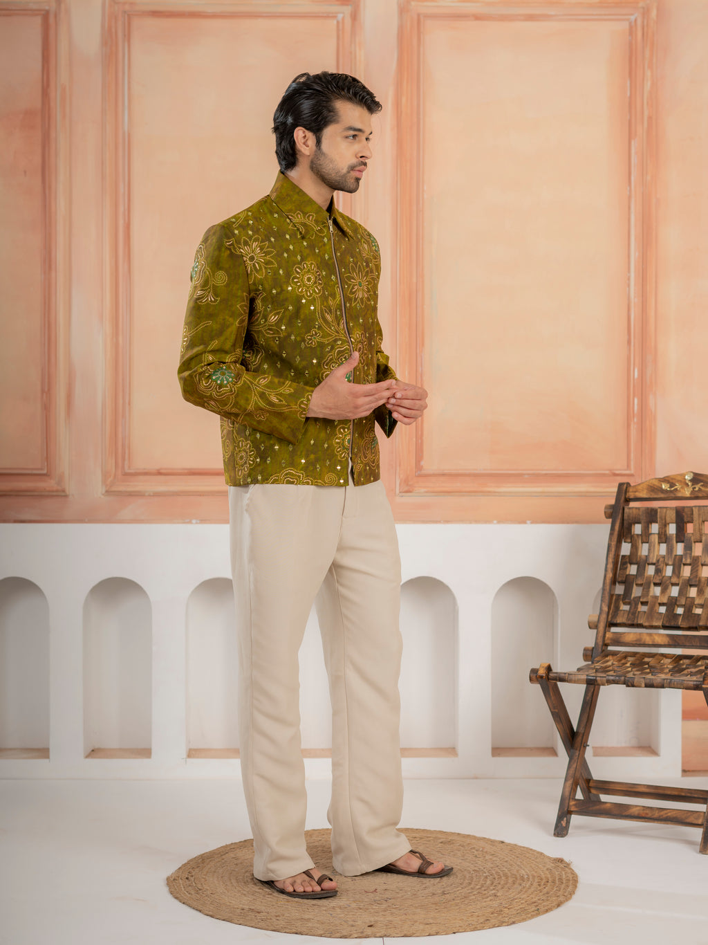 Stylish Green Khadi Silk Mirror Detailing Bomber Jacket and Bottom
