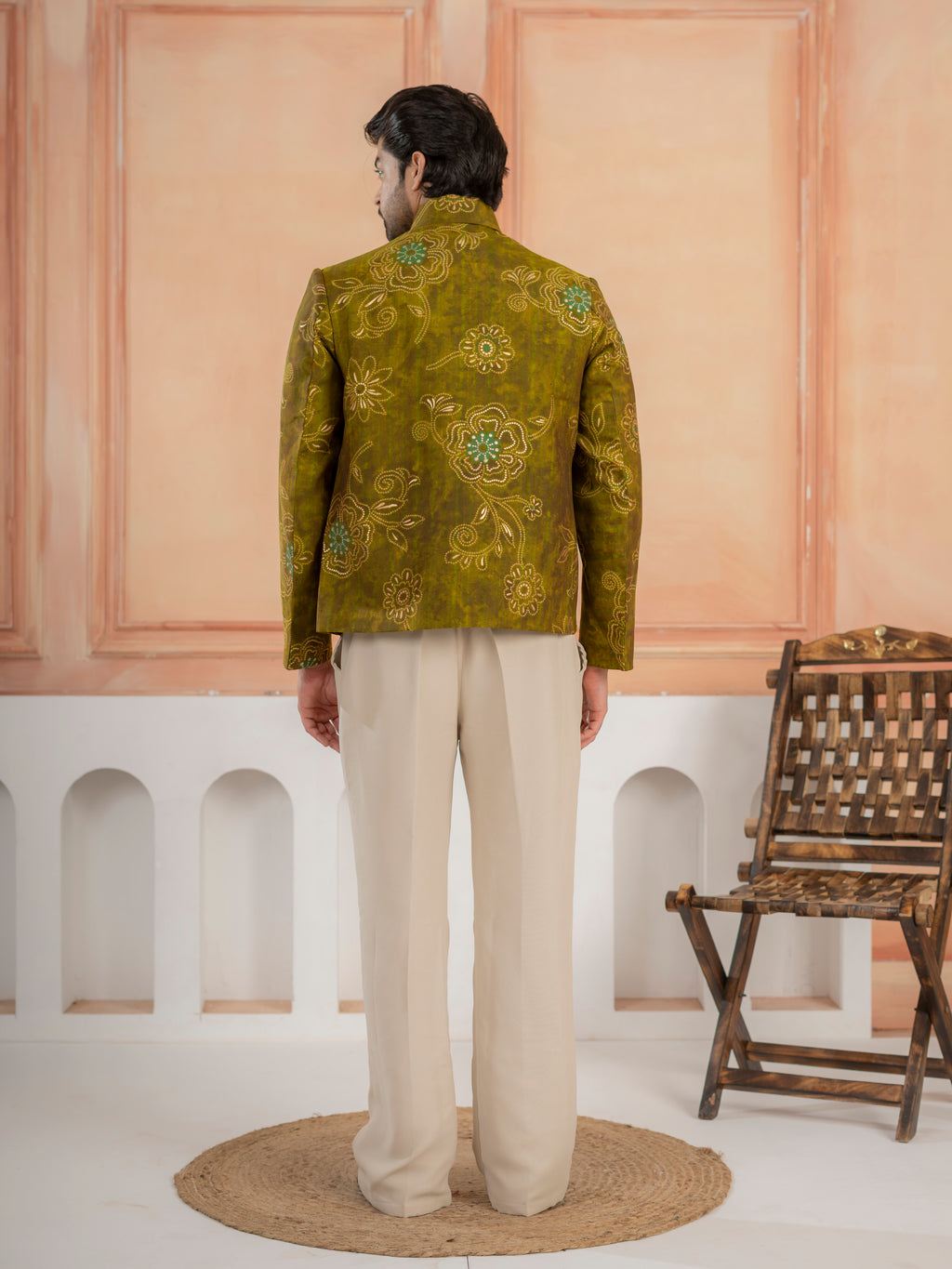 Stylish Green Khadi Silk Mirror Detailing Bomber Jacket and Bottom
