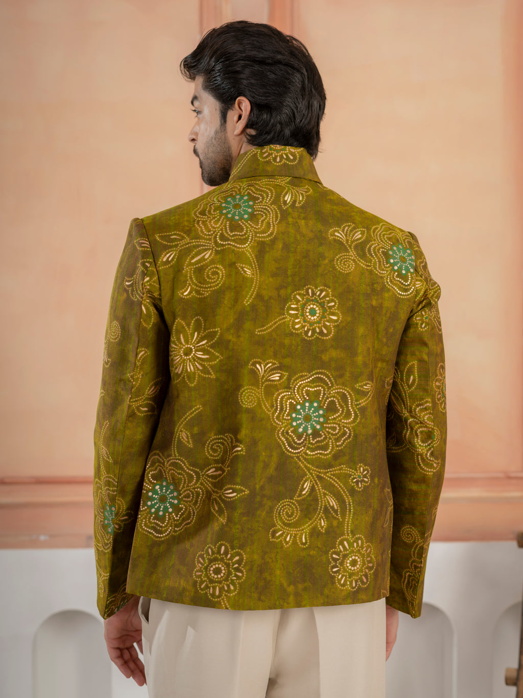 Stylish Green Khadi Silk Mirror Detailing Bomber Jacket and Bottom
