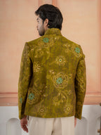 Stylish Green Khadi Silk Mirror Detailing Bomber Jacket and Bottom
