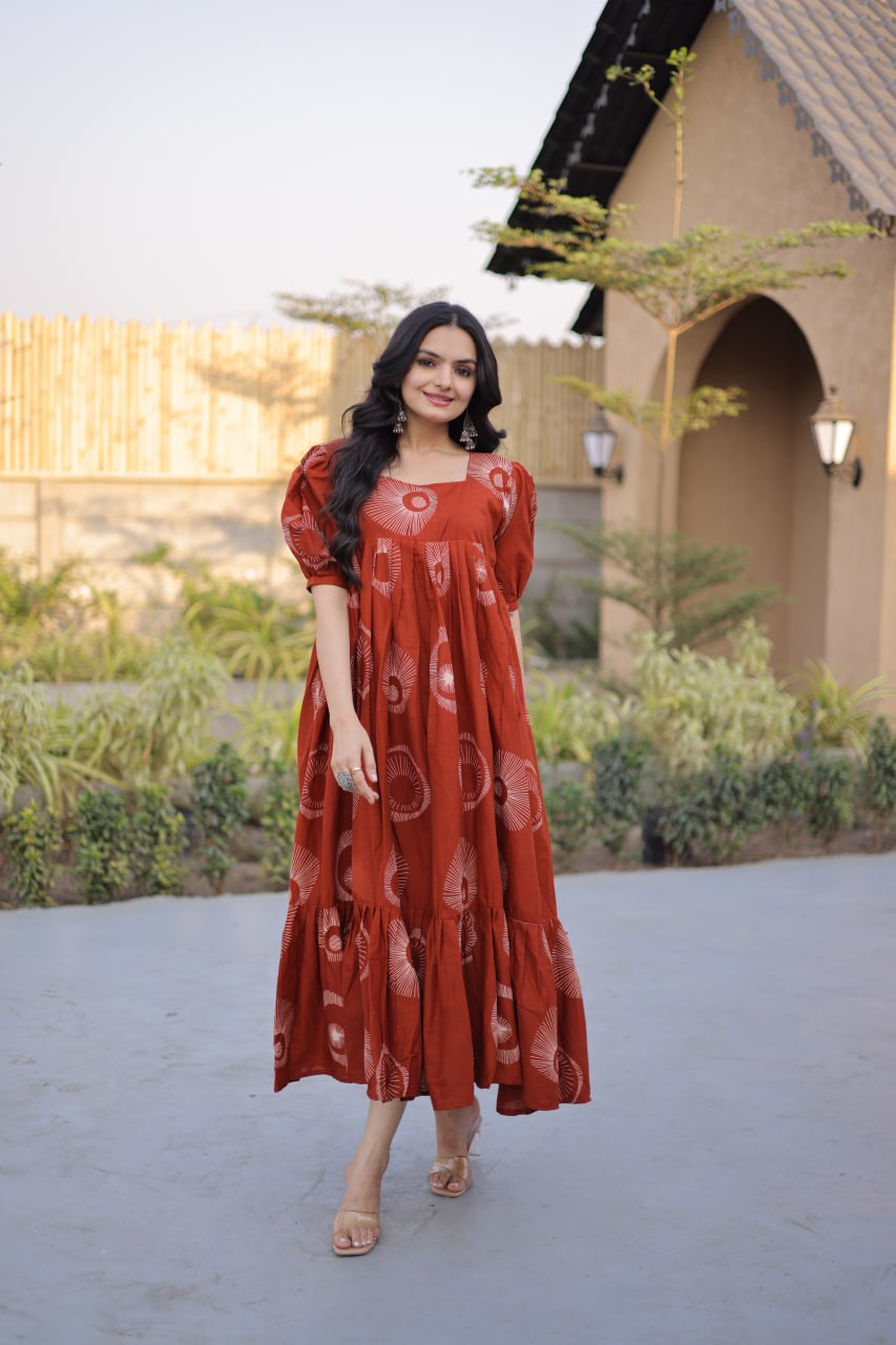 Stylish Printed Cotton Puff Sleeves & Fancy Neck Kurti For Women
