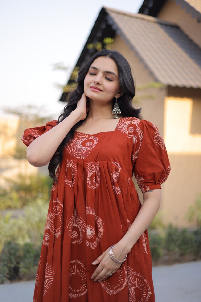 Stylish Printed Cotton Puff Sleeves & Fancy Neck Kurti For Women
