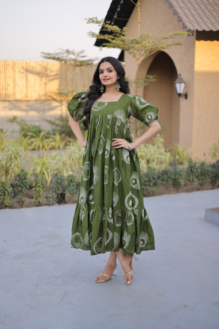 Stylish Printed Cotton Puff Sleeves & Fancy Neck Kurti For Women
