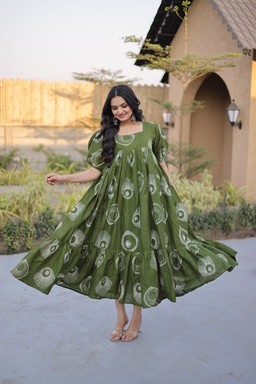 Stylish Printed Cotton Puff Sleeves & Fancy Neck Kurti For Women
