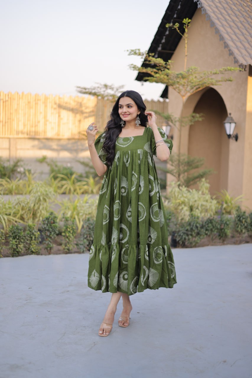 Stylish Printed Cotton Puff Sleeves & Fancy Neck Kurti For Women

