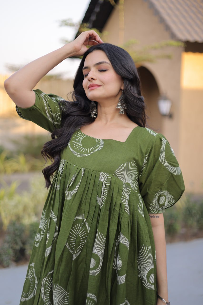 Stylish Printed Cotton Puff Sleeves & Fancy Neck Kurti For Women
