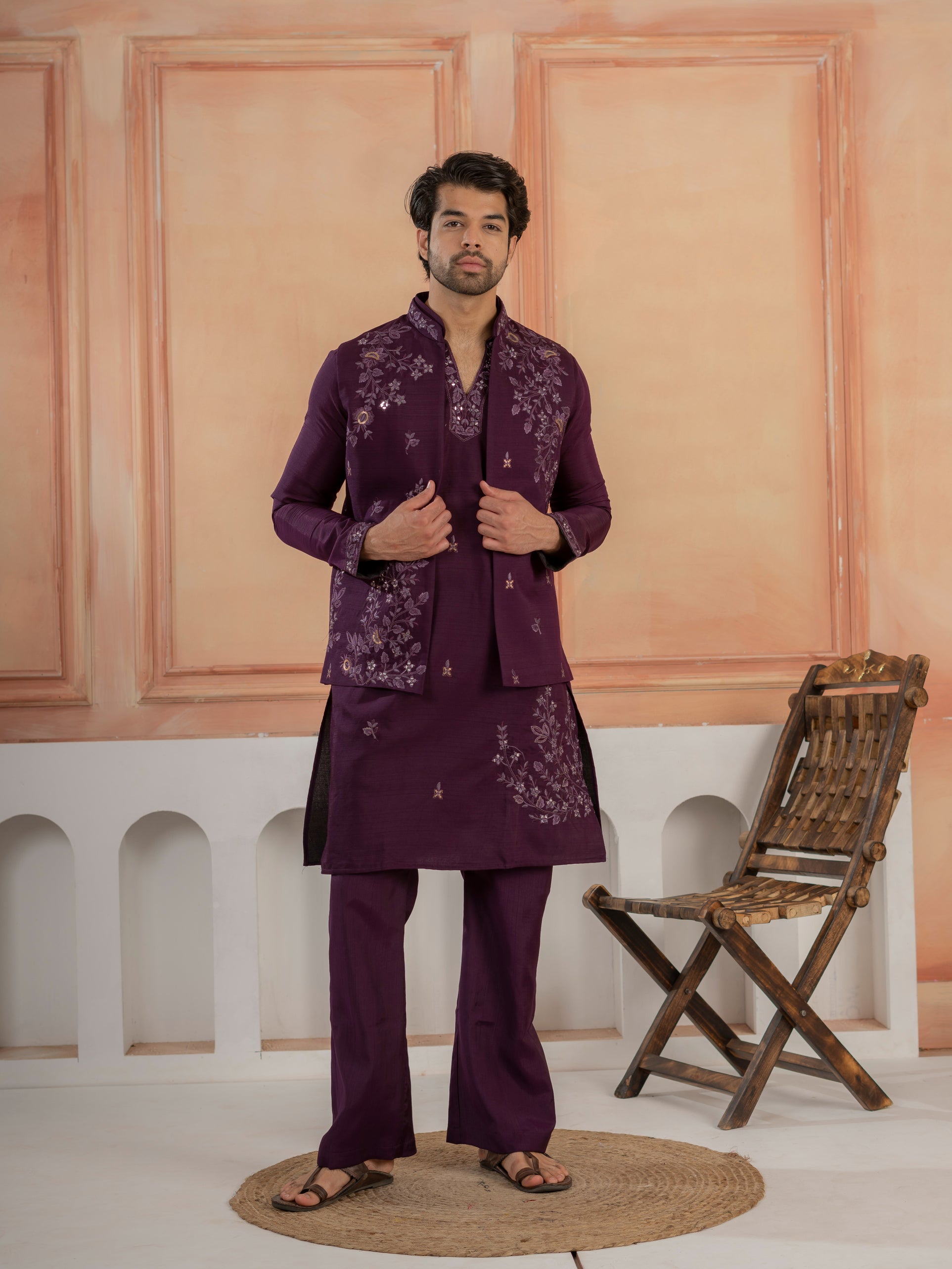 Stylish Purple Real Mirror Embroidered V-Neck Kurta Jacket Pant Set

