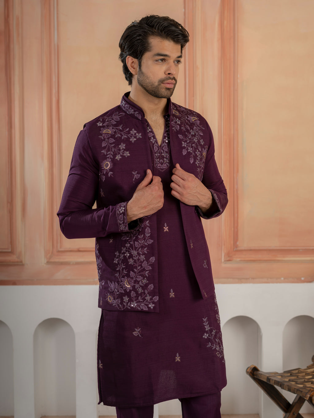 Stylish Purple Real Mirror Embroidered V-Neck Kurta Jacket Pant Set

