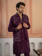 Stylish Purple Real Mirror Embroidered V-Neck Kurta Jacket Pant Set
