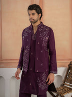 Stylish Purple Real Mirror Embroidered V-Neck Kurta Jacket Pant Set

