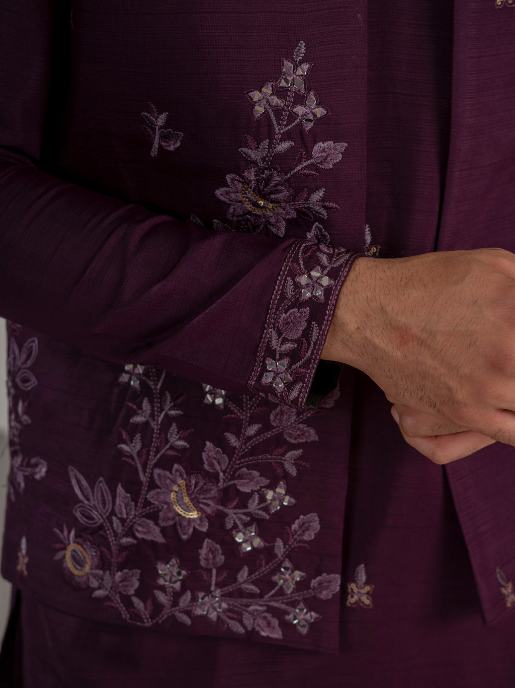 Stylish Purple Real Mirror Embroidered V-Neck Kurta Jacket Pant Set
