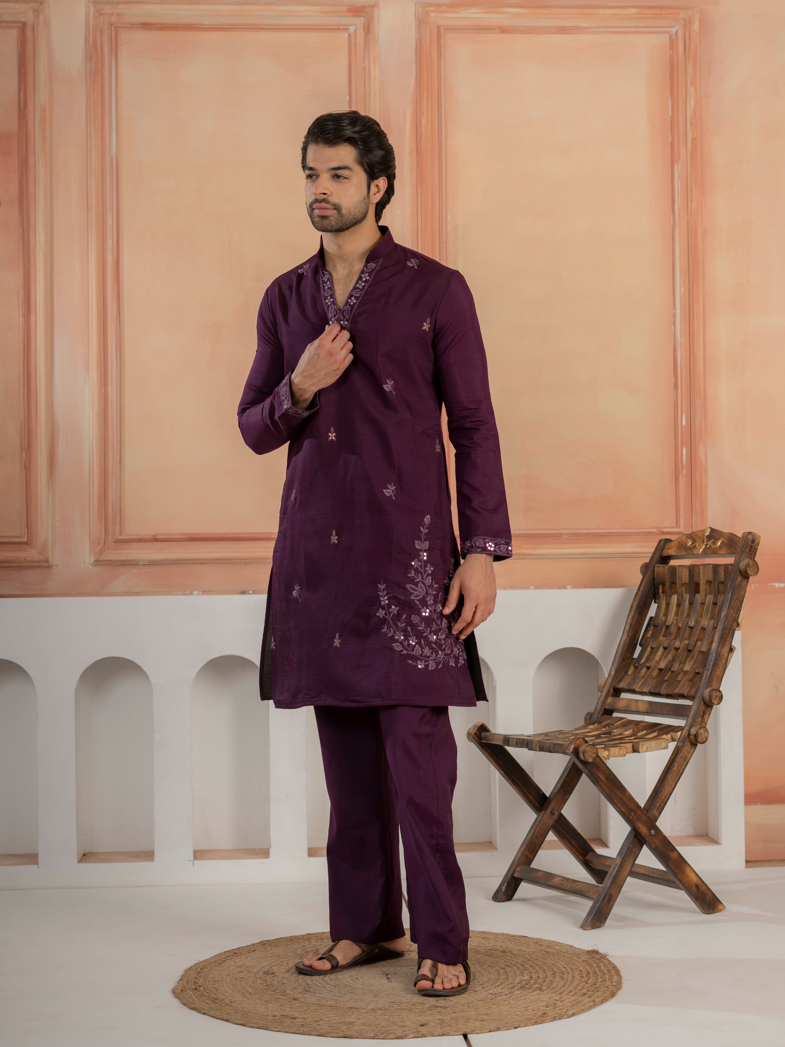 Stylish Purple Real Mirror Embroidered V-Neck Kurta Jacket Pant Set
