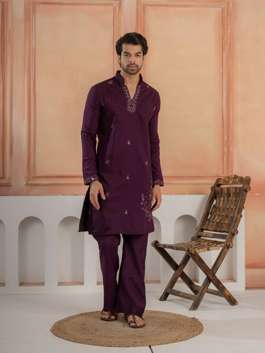 Stylish Purple Real Mirror Embroidered V-Neck Kurta Jacket Pant Set
