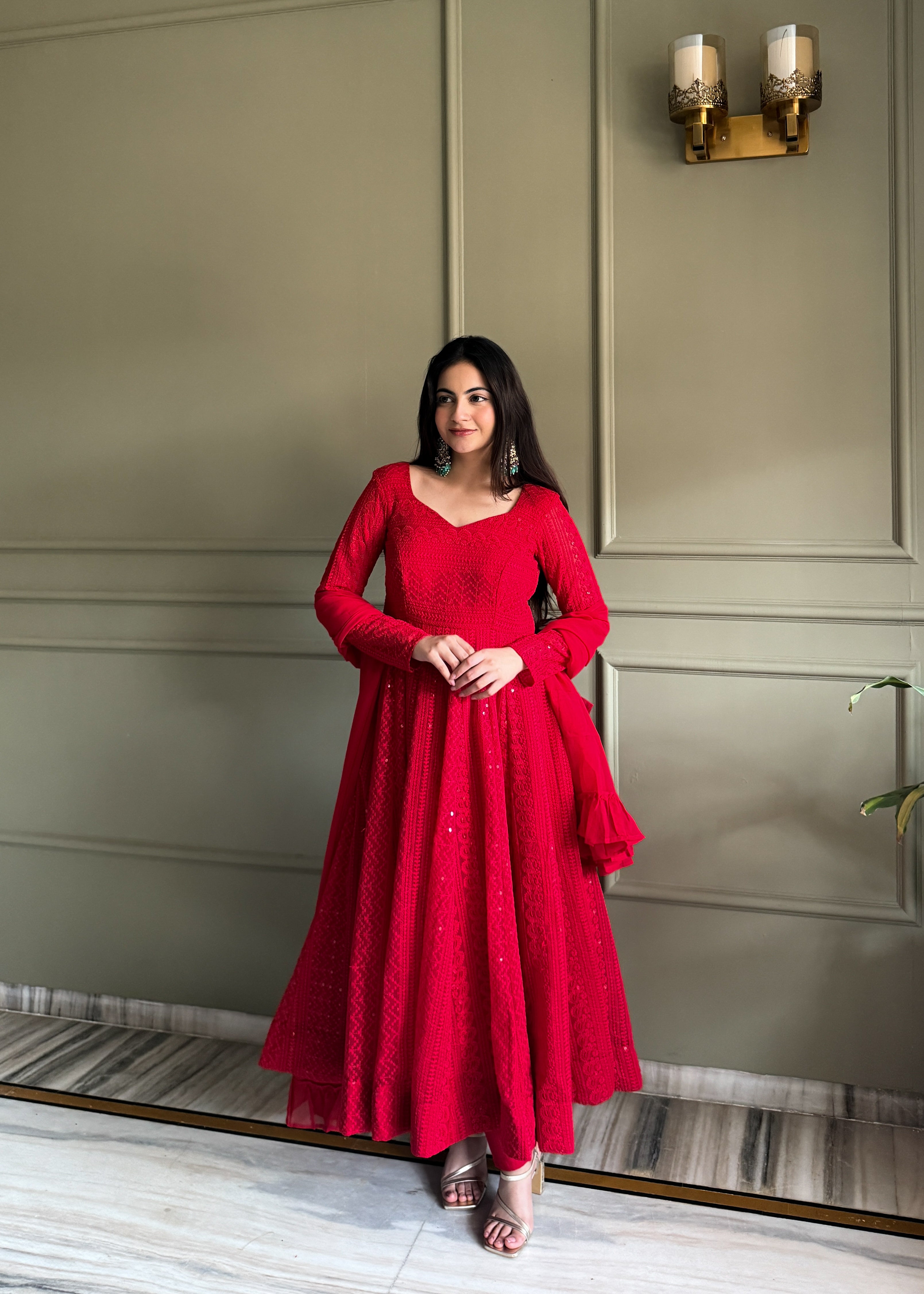 Stylish Red Fox Georgette Lucknowi Anarkali Set For Festival
