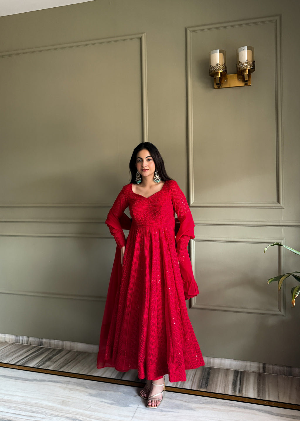 Stylish Red Fox Georgette Lucknowi Anarkali Set For Festival
