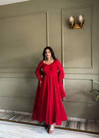 Stylish Red Fox Georgette Lucknowi Anarkali Set For Festival
