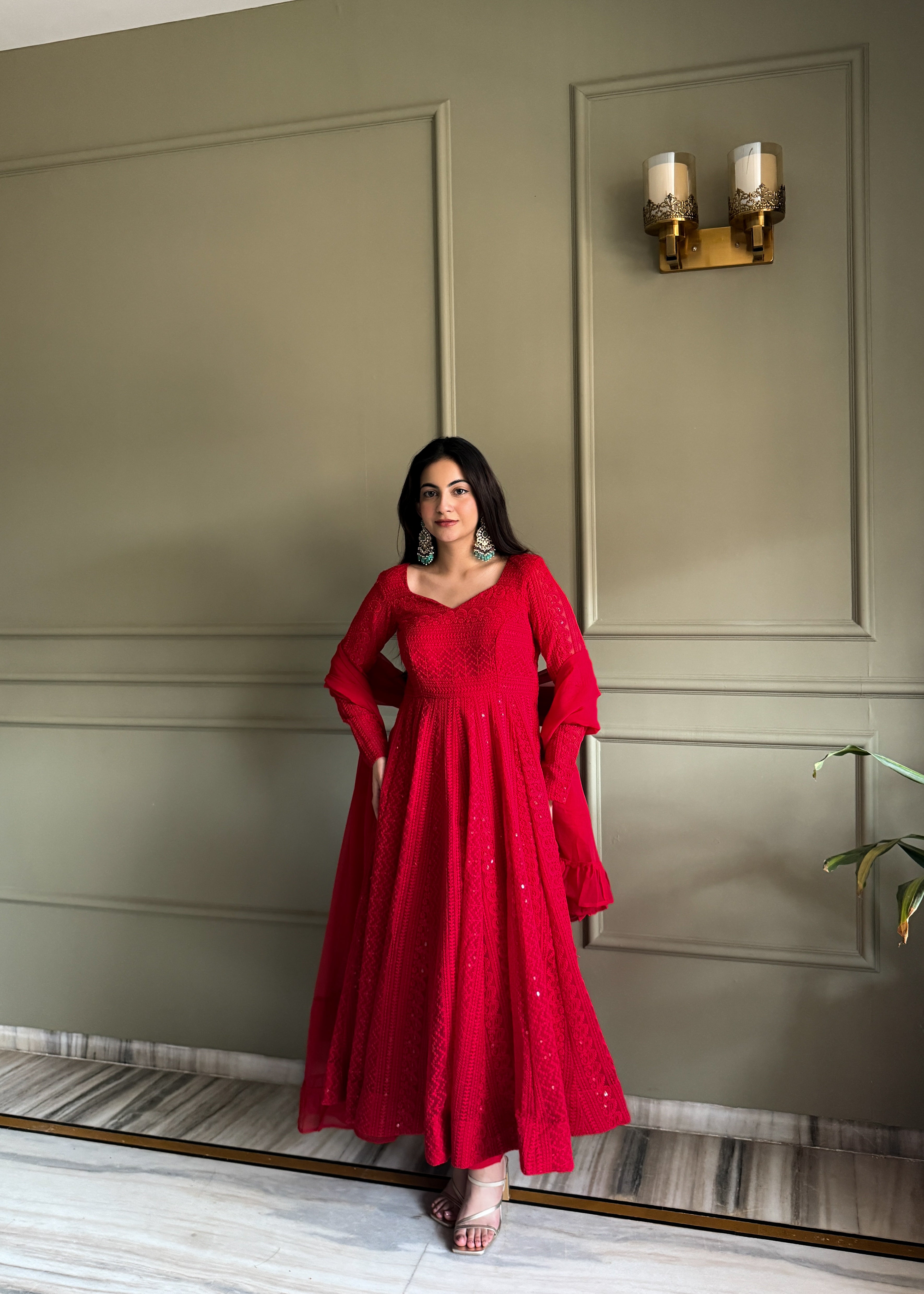 Stylish Red Fox Georgette Lucknowi Anarkali Set For Festival
