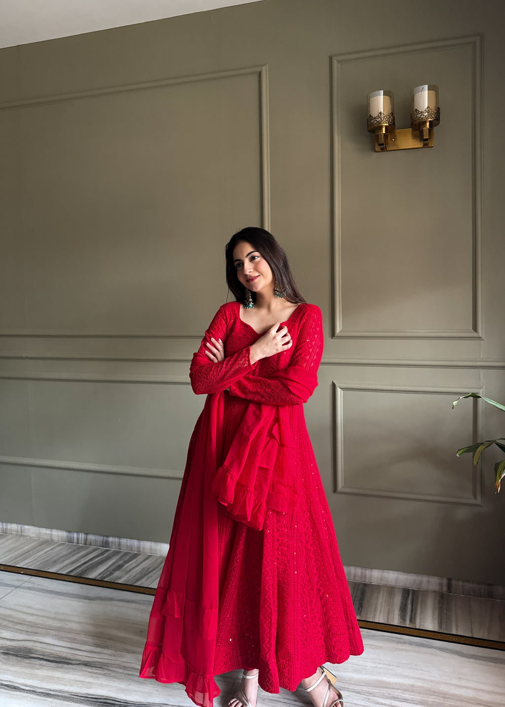 Stylish Red Fox Georgette Lucknowi Anarkali Set For Festival
