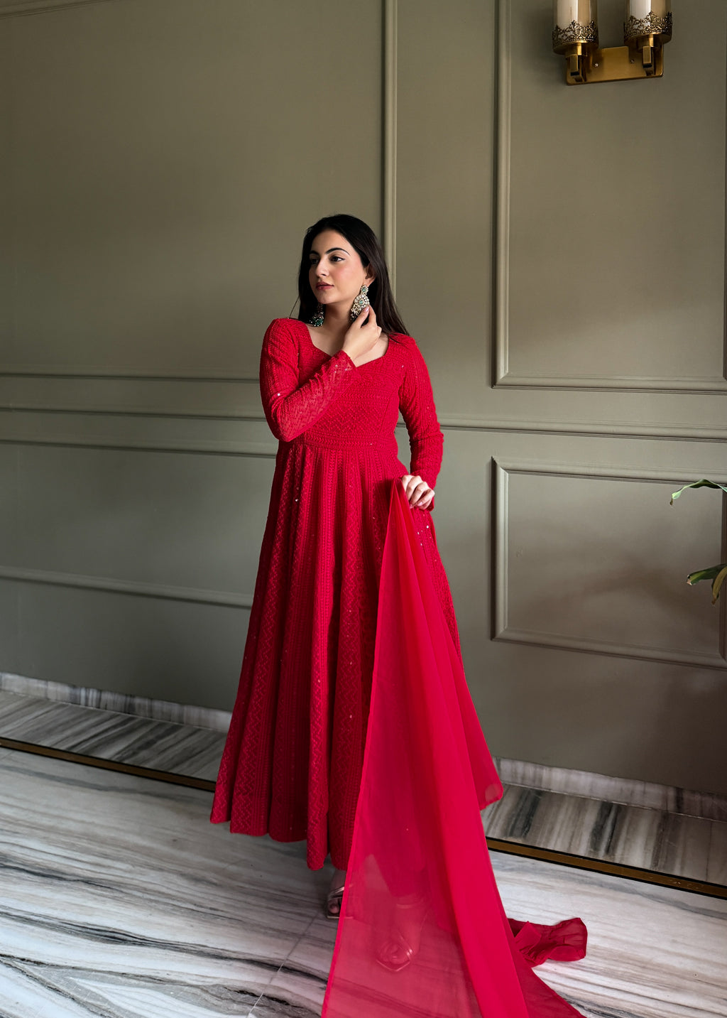 Stylish Red Fox Georgette Lucknowi Anarkali Set For Festival

