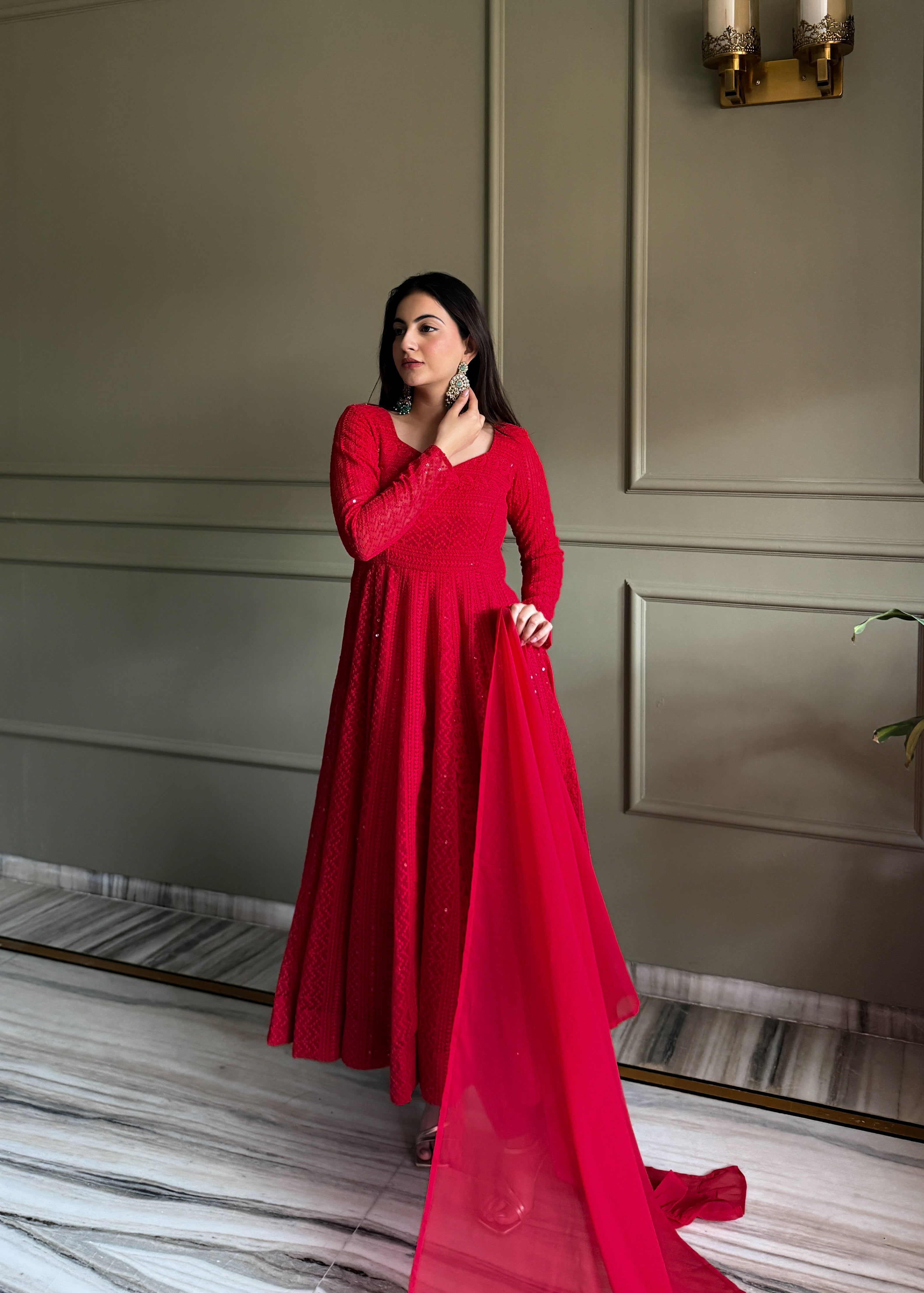 Stylish Red Fox Georgette Lucknowi Anarkali Set For Festival
