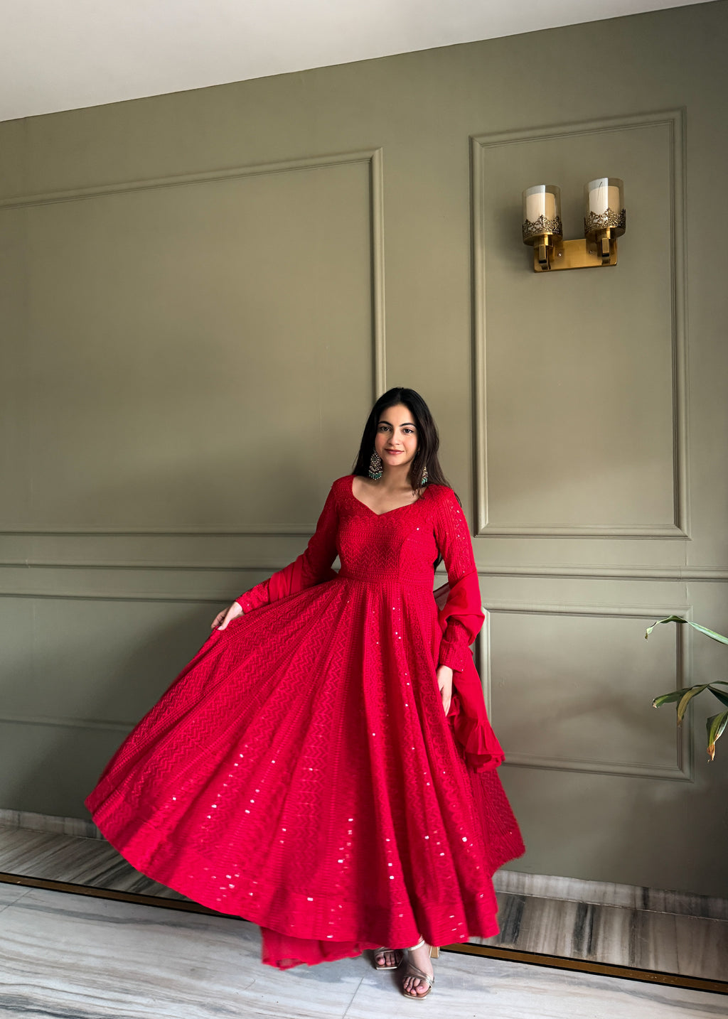Stylish Red Fox Georgette Lucknowi Anarkali Set For Festival

