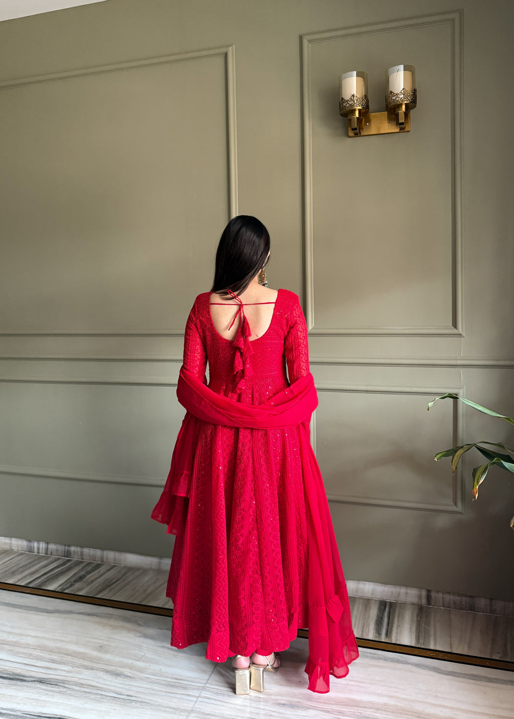 Stylish Red Fox Georgette Lucknowi Anarkali Set For Festival
