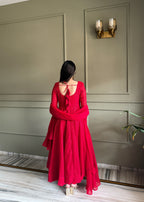Stylish Red Fox Georgette Lucknowi Anarkali Set For Festival
