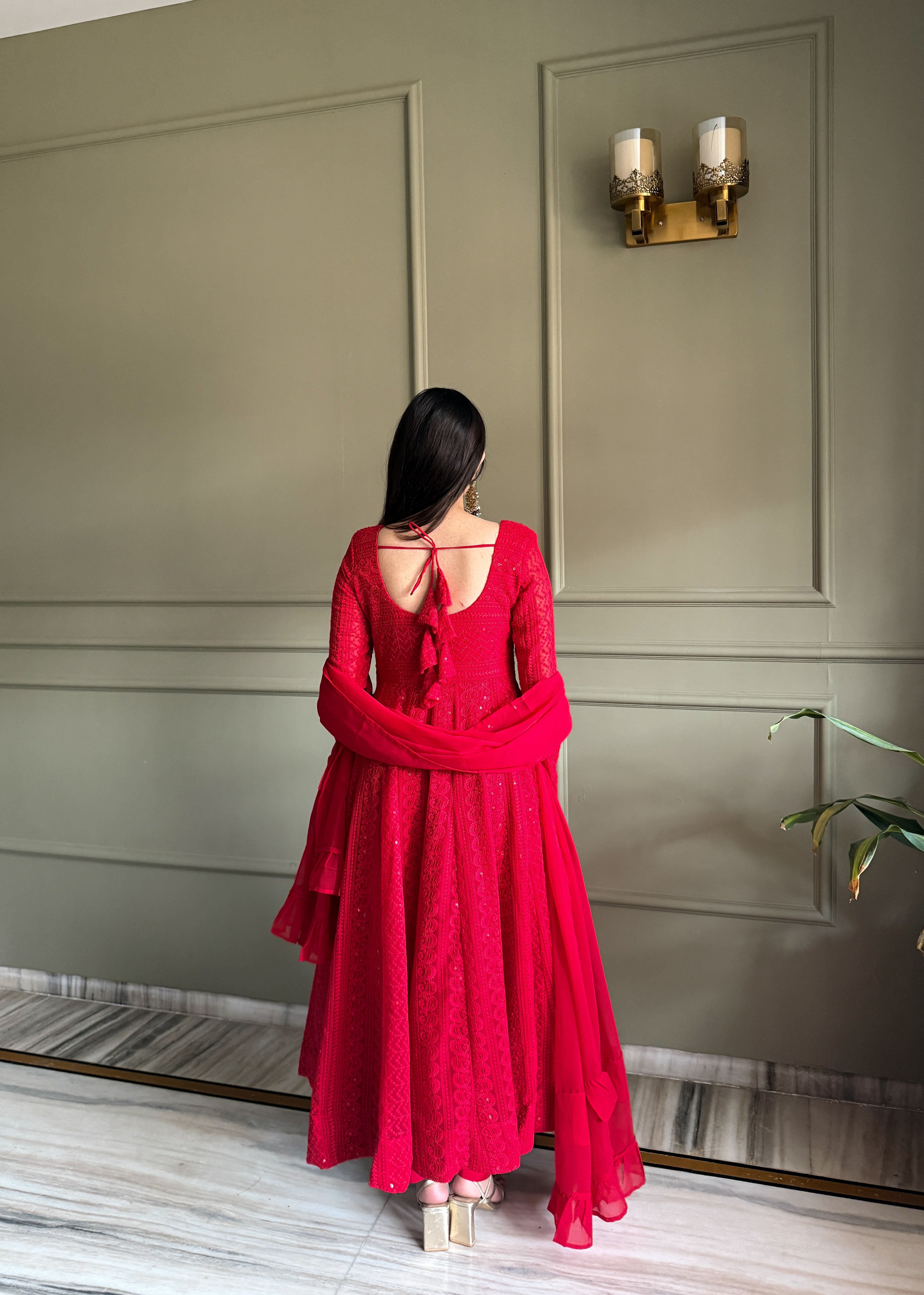 Stylish Red Fox Georgette Lucknowi Anarkali Set For Festival
