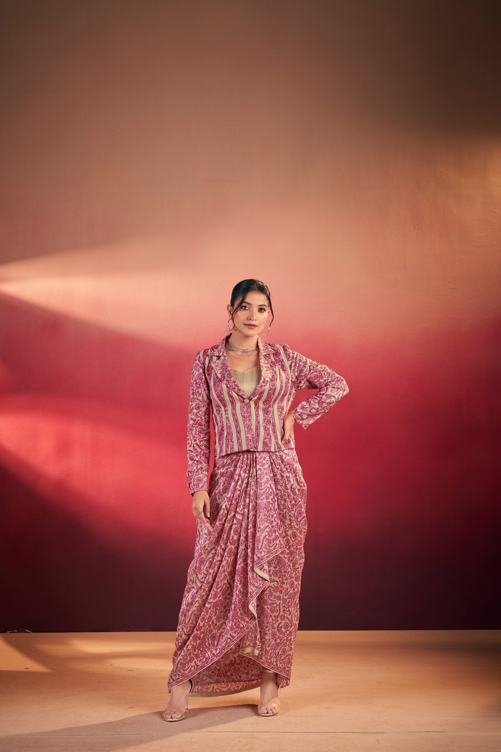 Stylish Tasar Silk Printed Top & Bottom Set With Blouse
