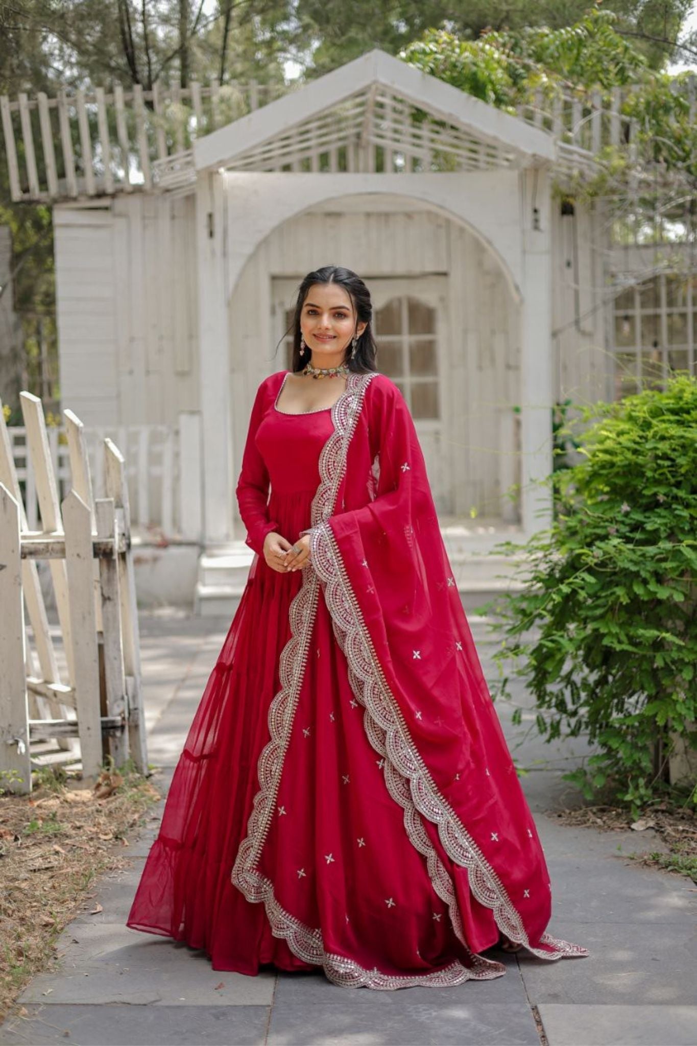 Stylish Women Tiered Gown With Dupatta Set
