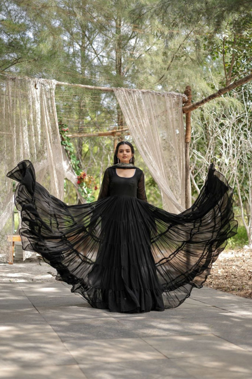 Stylish Women Tiered Gown With Dupatta Set

