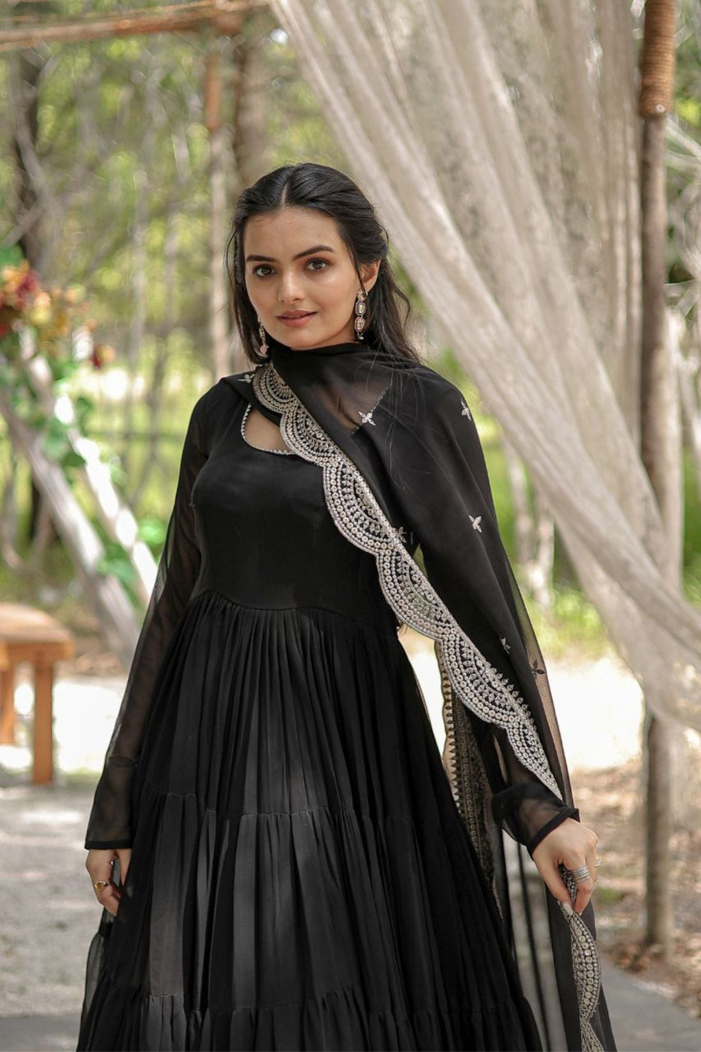 Stylish Women Tiered Gown With Dupatta Set
