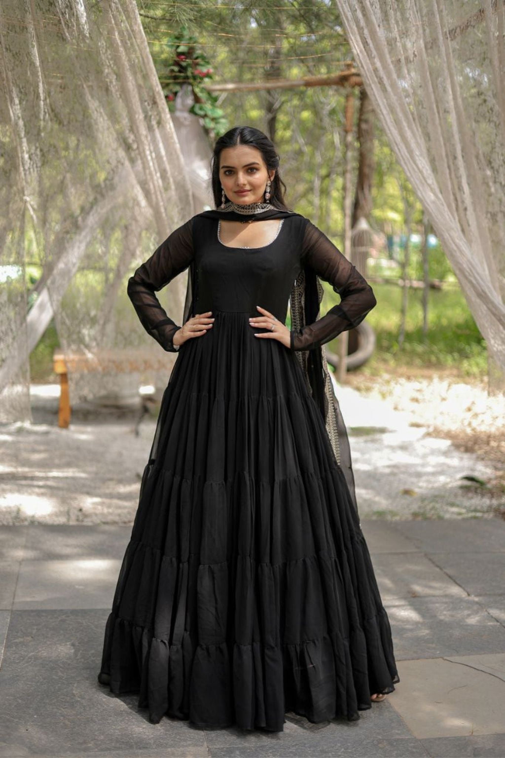 Stylish Women Tiered Gown With Dupatta Set

