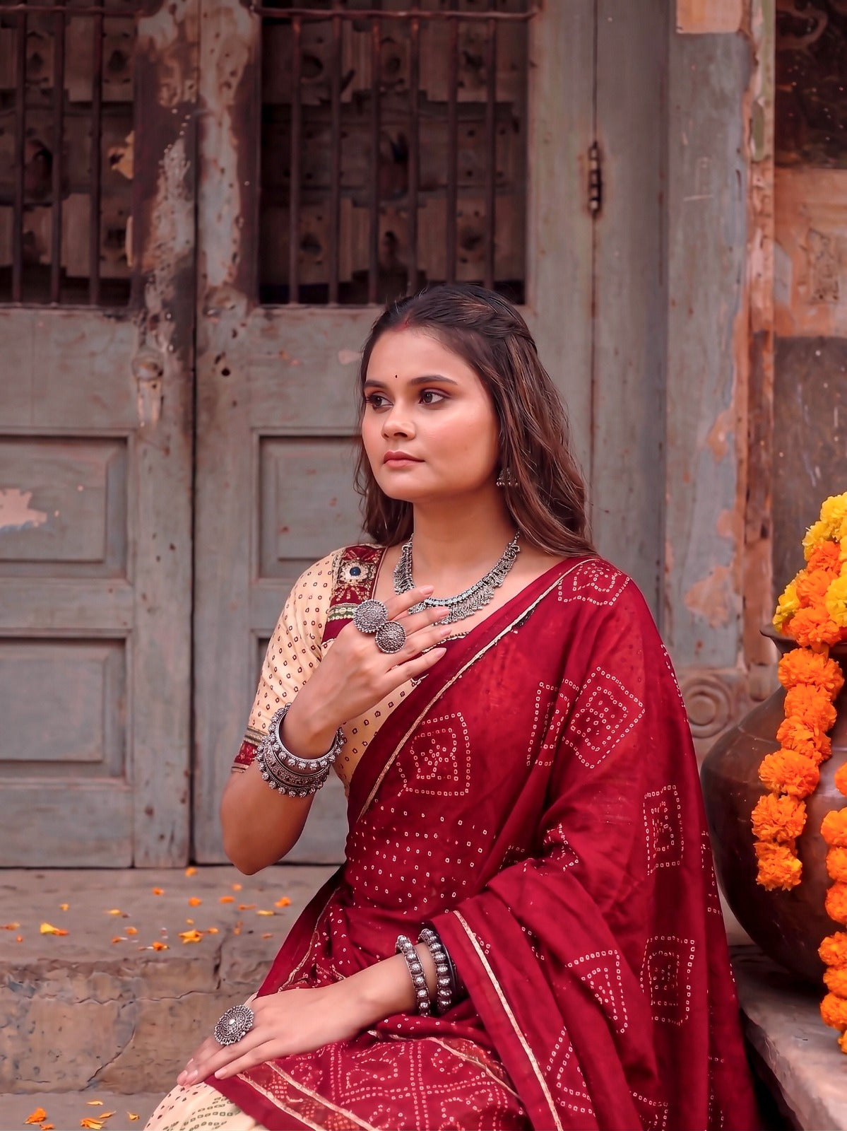Traditional Tasar Silk Bandhej Print Lehenga Set | Tulip Designer
