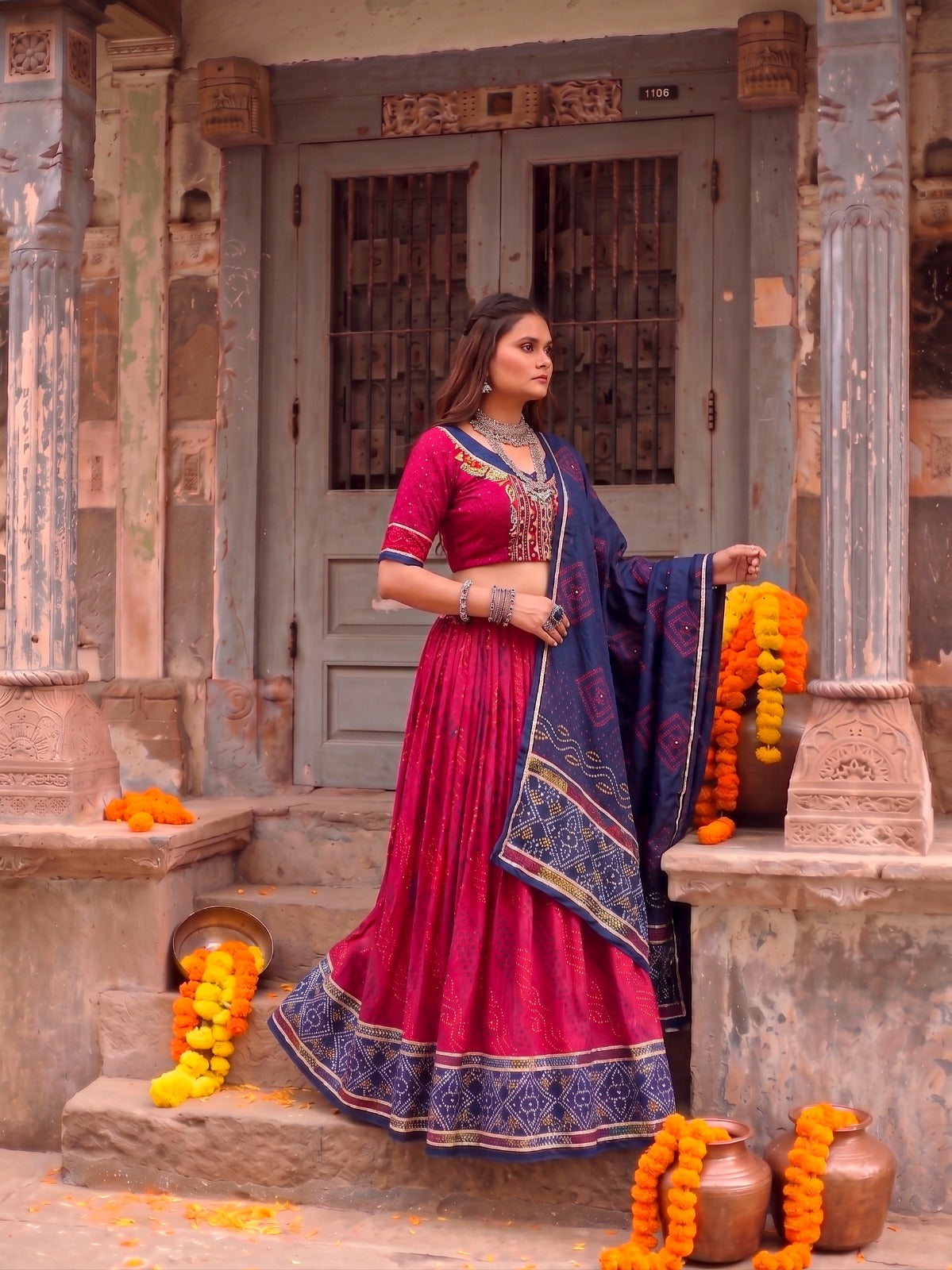Traditional Tasar Silk Bandhej Print Lehenga Set | Tulip Designer
