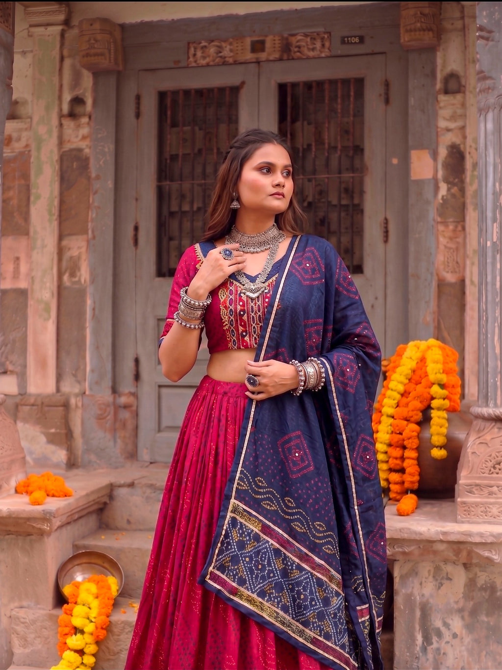 Traditional Tasar Silk Bandhej Print Lehenga Set | Tulip Designer
