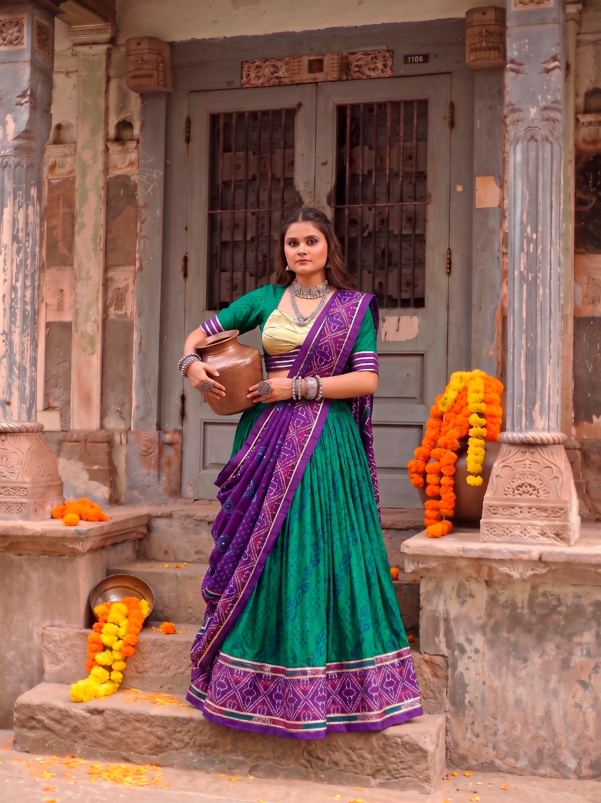 Traditional Tasar Silk Bandhej Print Lehenga Set | Tulip Designer
