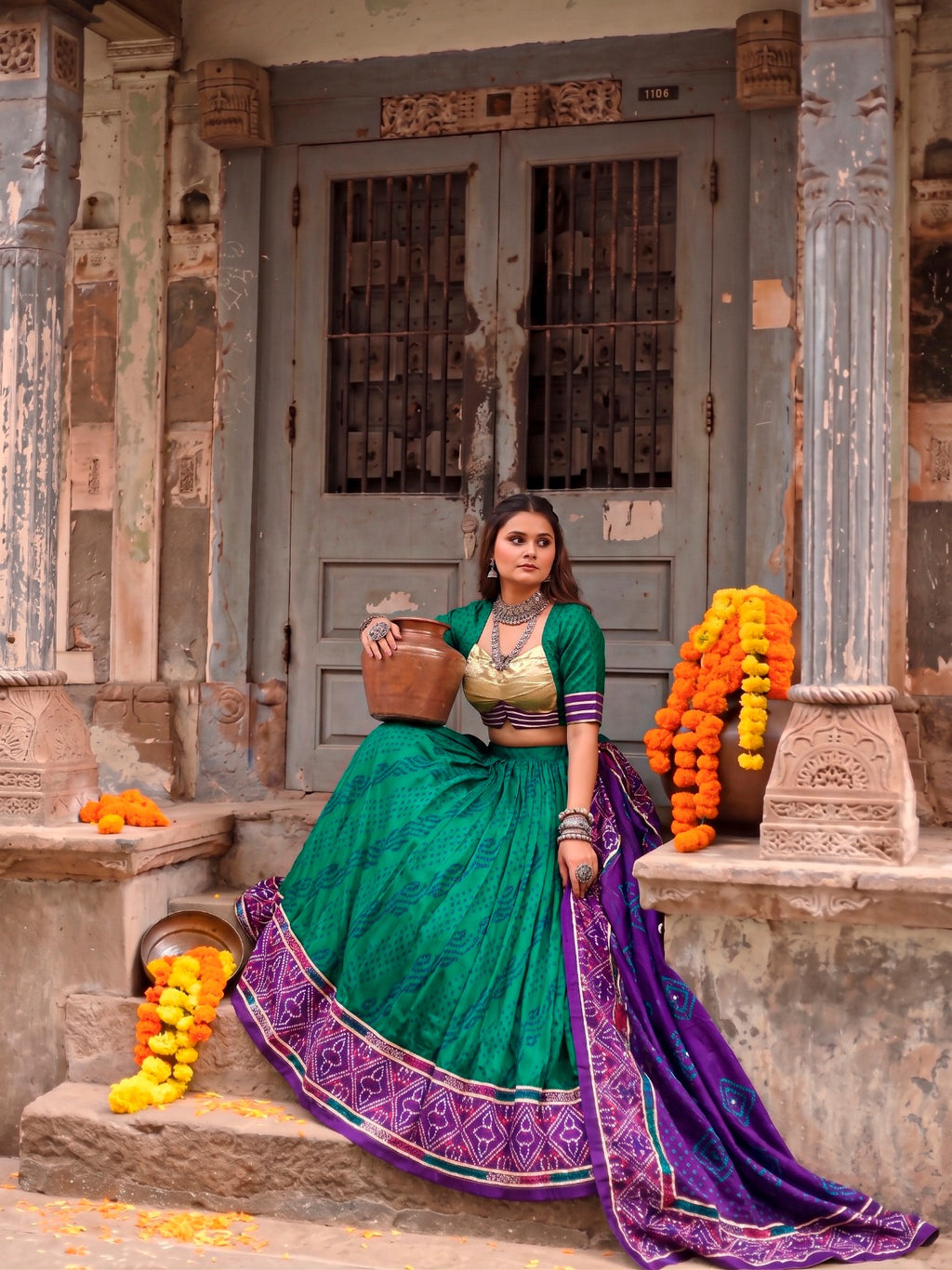 Traditional Tasar Silk Bandhej Print Lehenga Set | Tulip Designer
