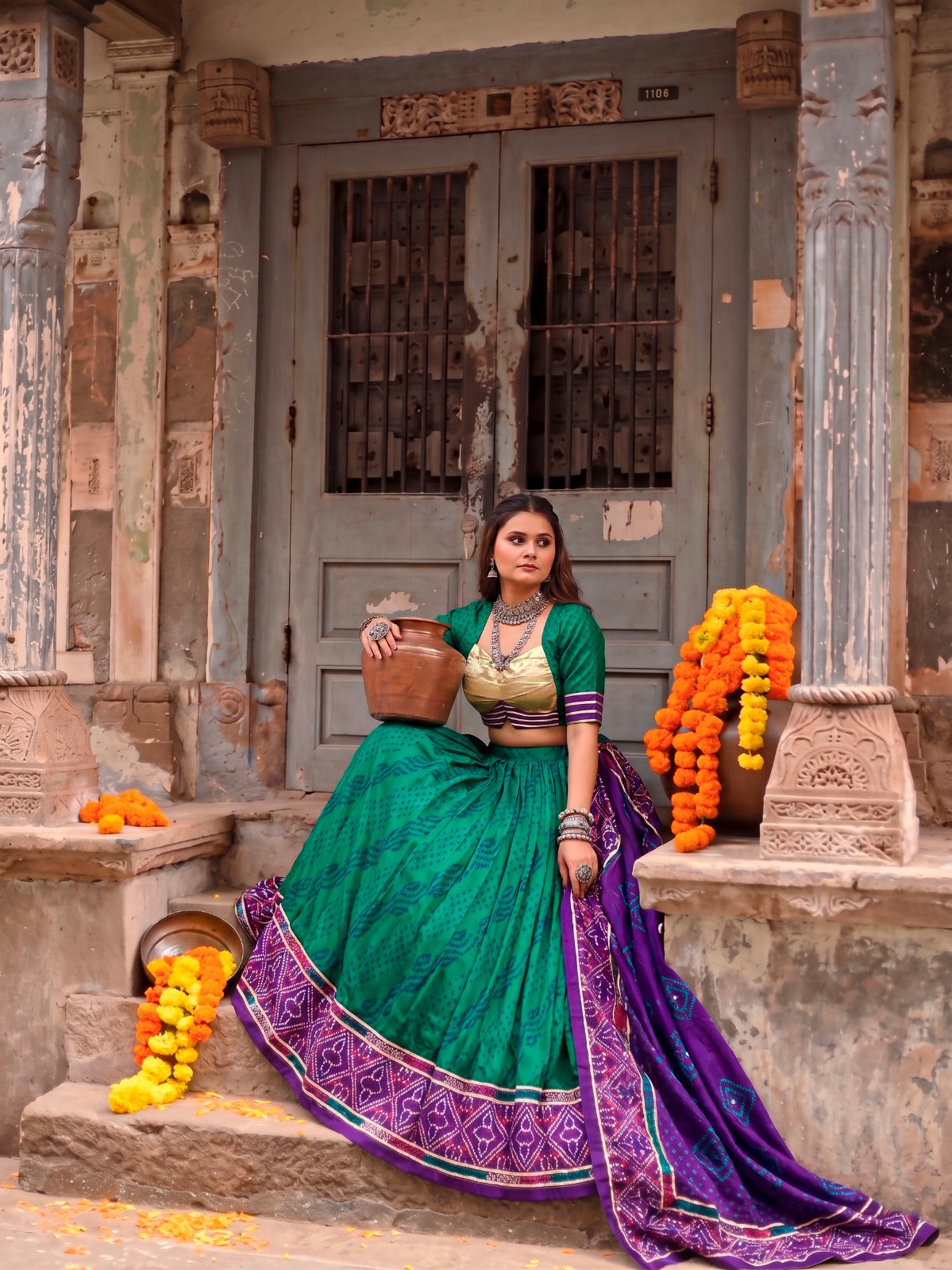 Traditional Tasar Silk Bandhej Print Lehenga Set | Tulip Designer
